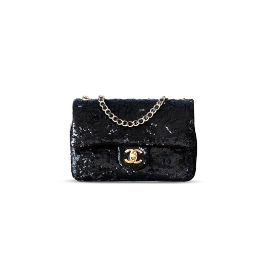 Ch*el flap bag sequins & gold metal & black as4561 (21*14*8cm)
