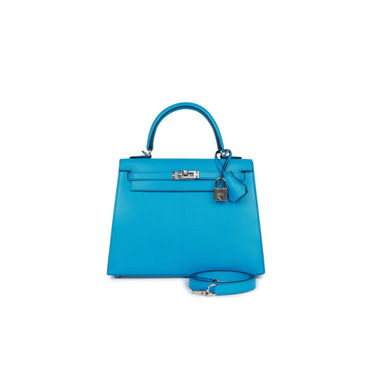 H**mes kelly sellier 25 bleu frida chevre palladium hardware (25*17*7cm)