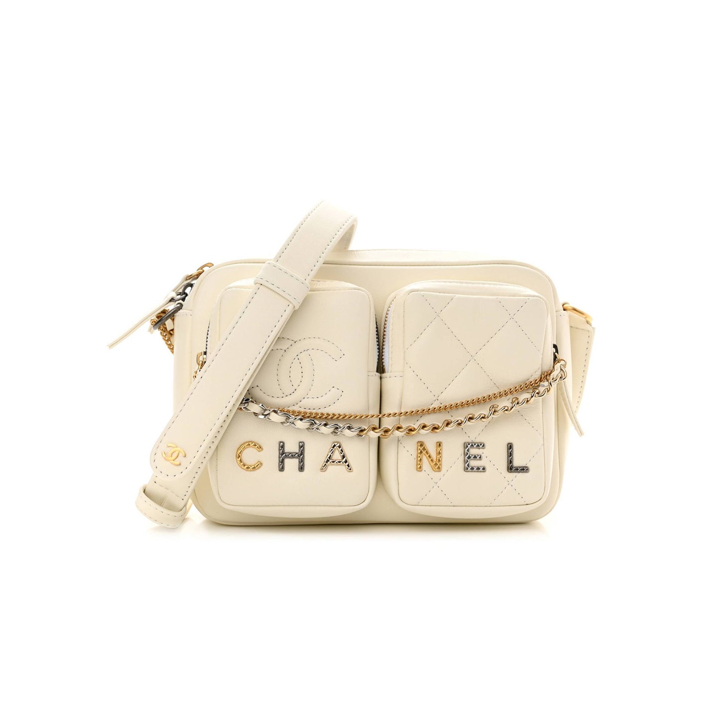 Ch*el calfskin quilted small camera case white gold hardware (21*15*4cm)