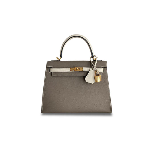 H**mes kelly sellier 25 bicolor bag in taupe and craie epsom (25*17*7cm)