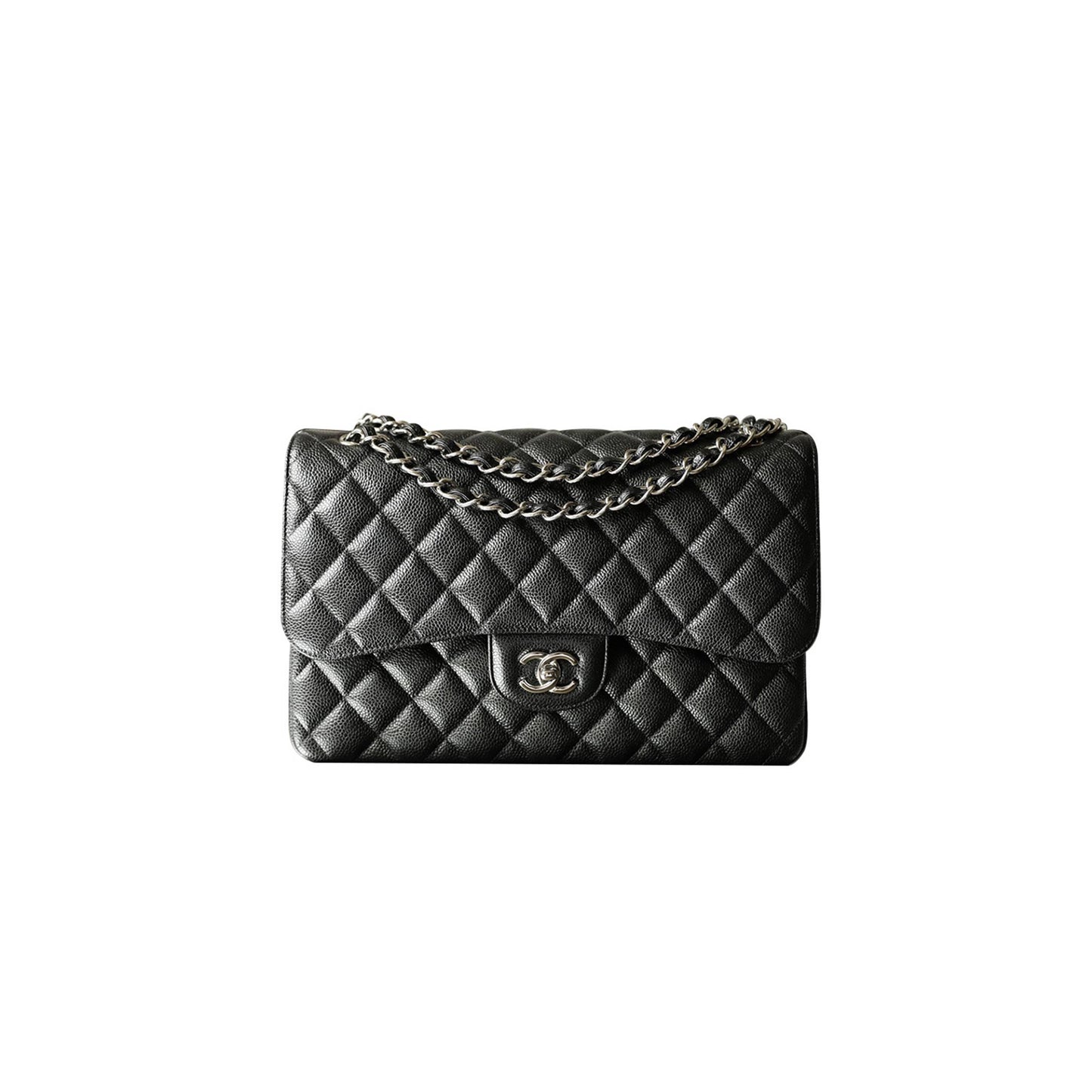 Ch*el master classic flap jumbo30 black all steel white silver buckle a01112 (30*19.5*10cm)
