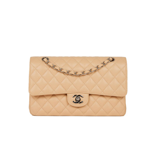 Ch*el medium classic double flap bag beige caviar silver hardware (25*15*7cm)