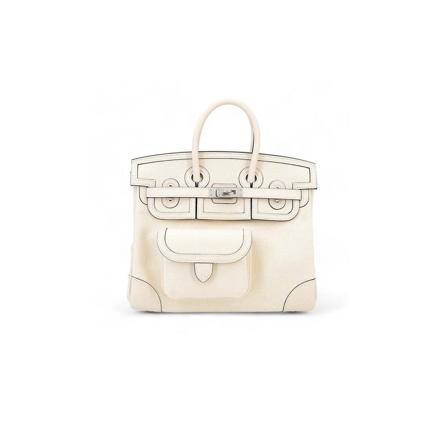 H**mes master birkin 25 cream white leather canvas silver buckle 1305777953 (25*20*13cm)