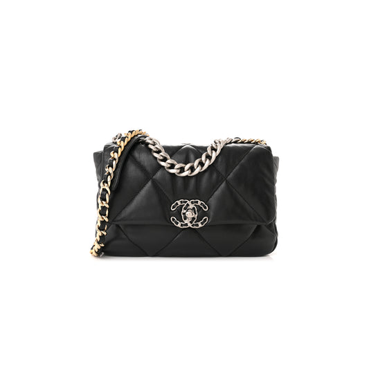 Ch*el lambskin quilted Ch*el 19 flap black as1160 (26*16*9cm)