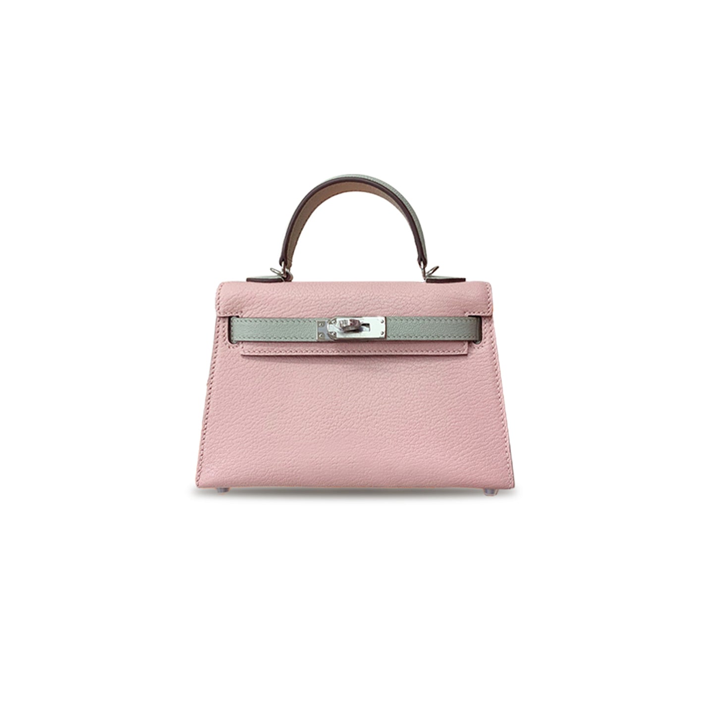 H**mes mini kelly ii goatskin, cherry blossom pink and pearl gray, silver buckle (19*12*5.5cm)