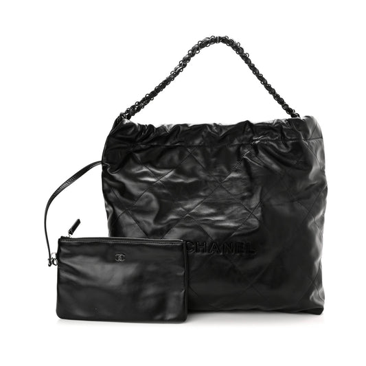 Ch*el shiny calfskin quilted Ch*el 22 so black black hardware (37*35*7cm)