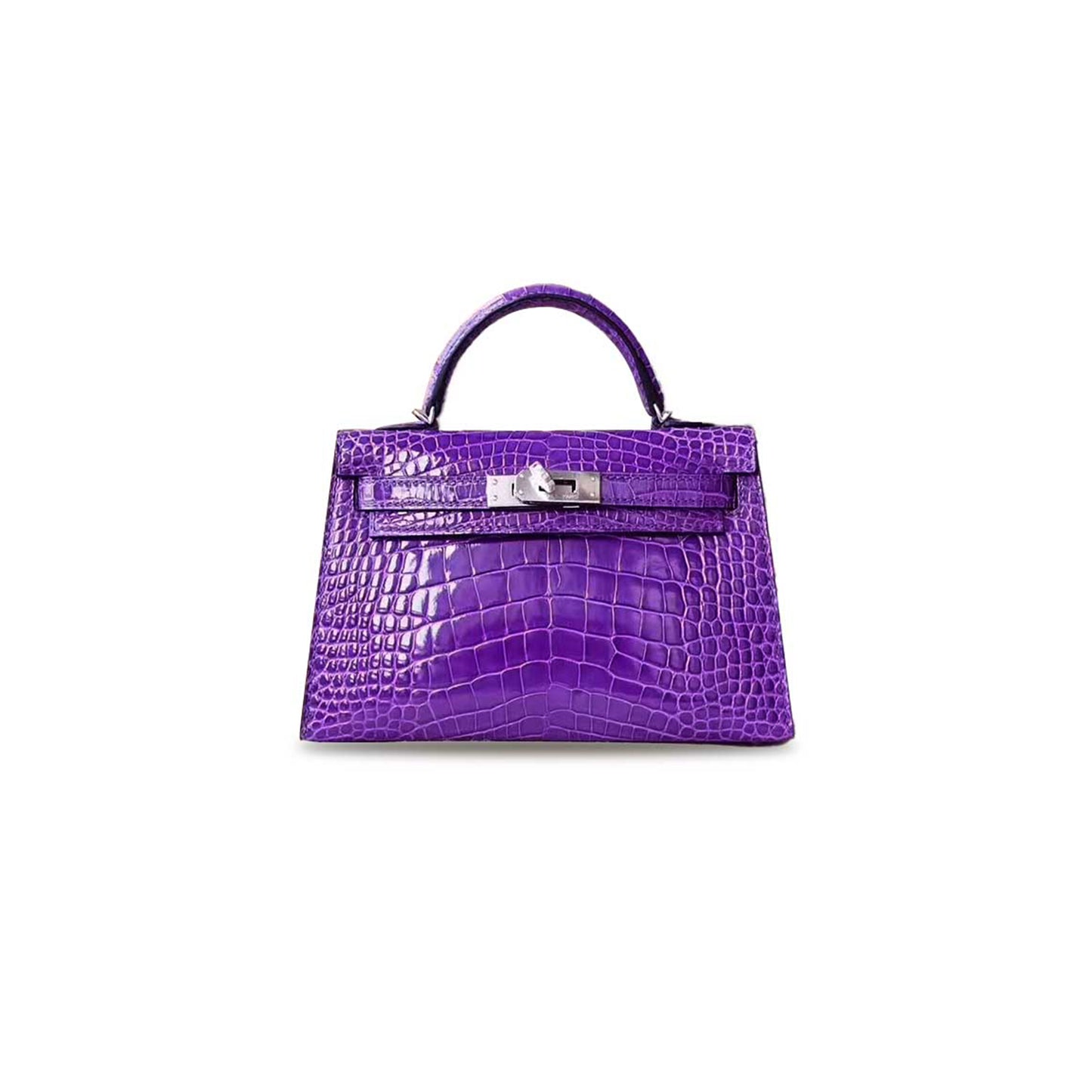 H**mes master mini kelly ii glossy crocodile leather extreme purple fantasy purple silver buckle (19*12*5.5cm)