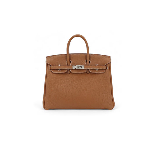H**mes birkin 25 togo leather gold brown silver buckle bag h028369ck37 (25*20*13cm)