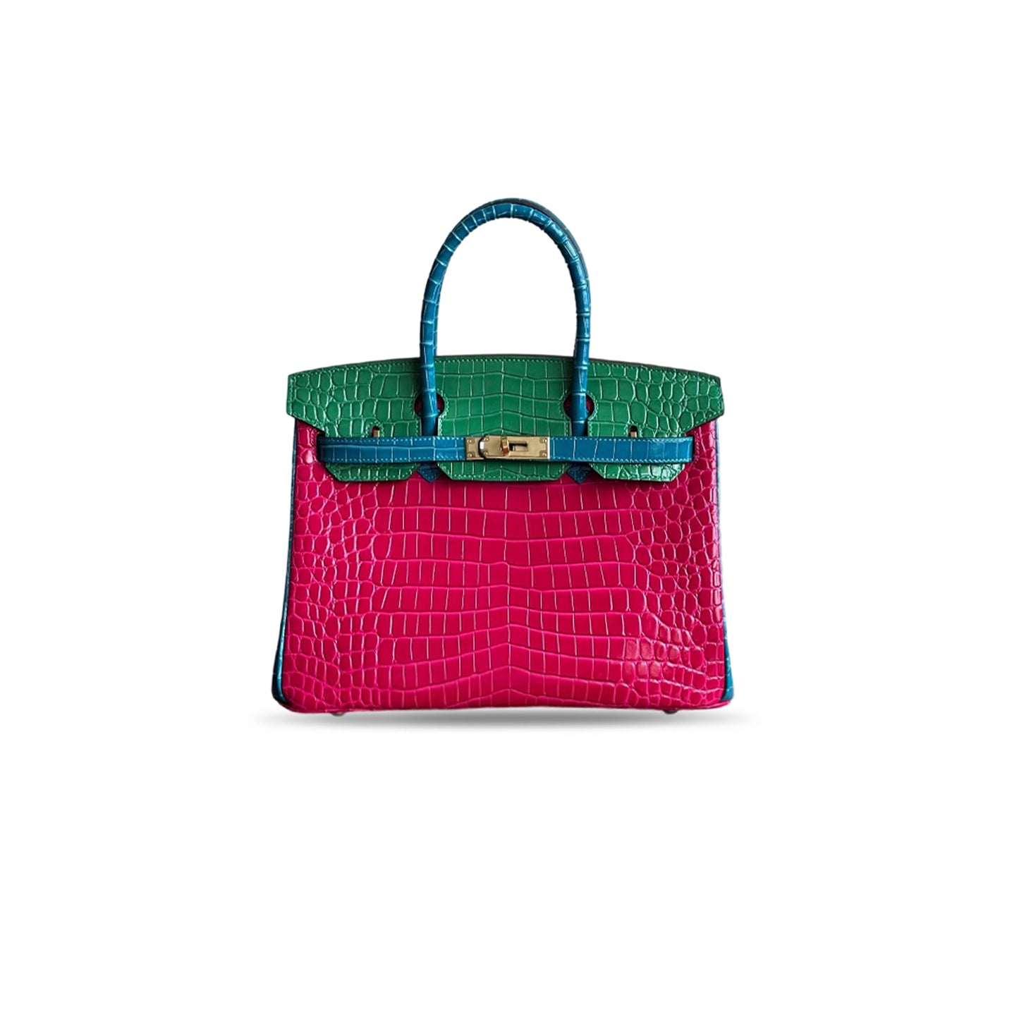 H**mes MASTER SHINY ROSE SCHÉHÉRAZADE, VERT ÉMERAUDE & BLEU IZMIR NILOTICUS CROCODILE TRI-COLOR BIRKIN 30 WITH BRUSHED GOLD HARDWARE (30*22*16cm)