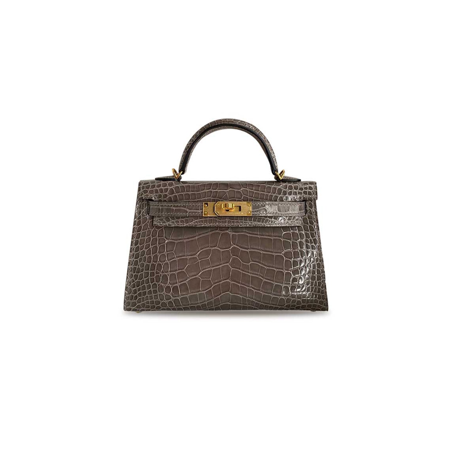 H**mes master mini kelly ii shiny crocodile leather weimaraner beige gold buckle (19*12*5.5cm)