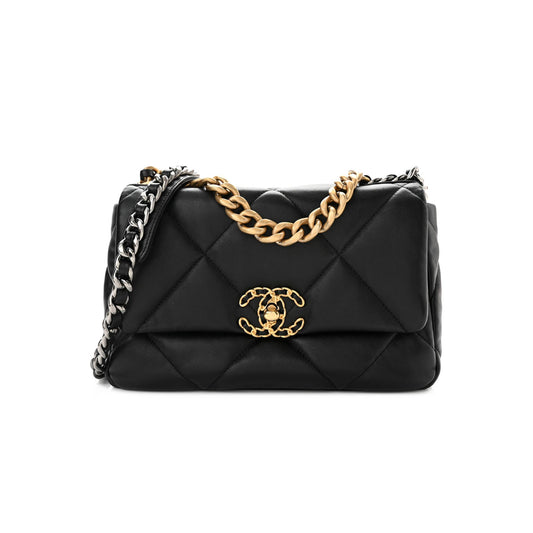 Ch*el lambskin quilted medium Ch*el 19 flap black gold hardware (26*17*8cm)