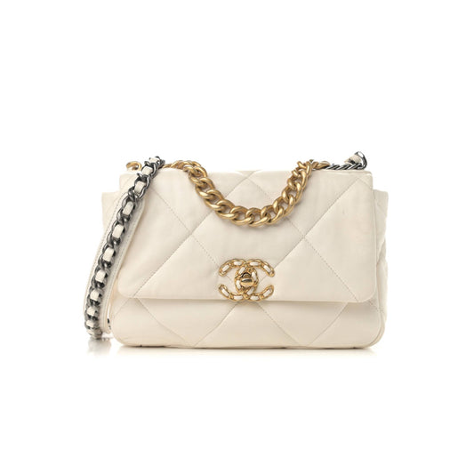 Ch*el goatskin quilted medium Ch*el 19 flap white gold hardware (27*20*8cm)