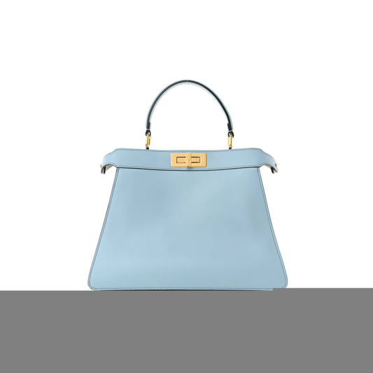 F**di vitello seta shiny nappa medium peekaboo i see u satchel azzurro baby camelia (33*24*13cm)