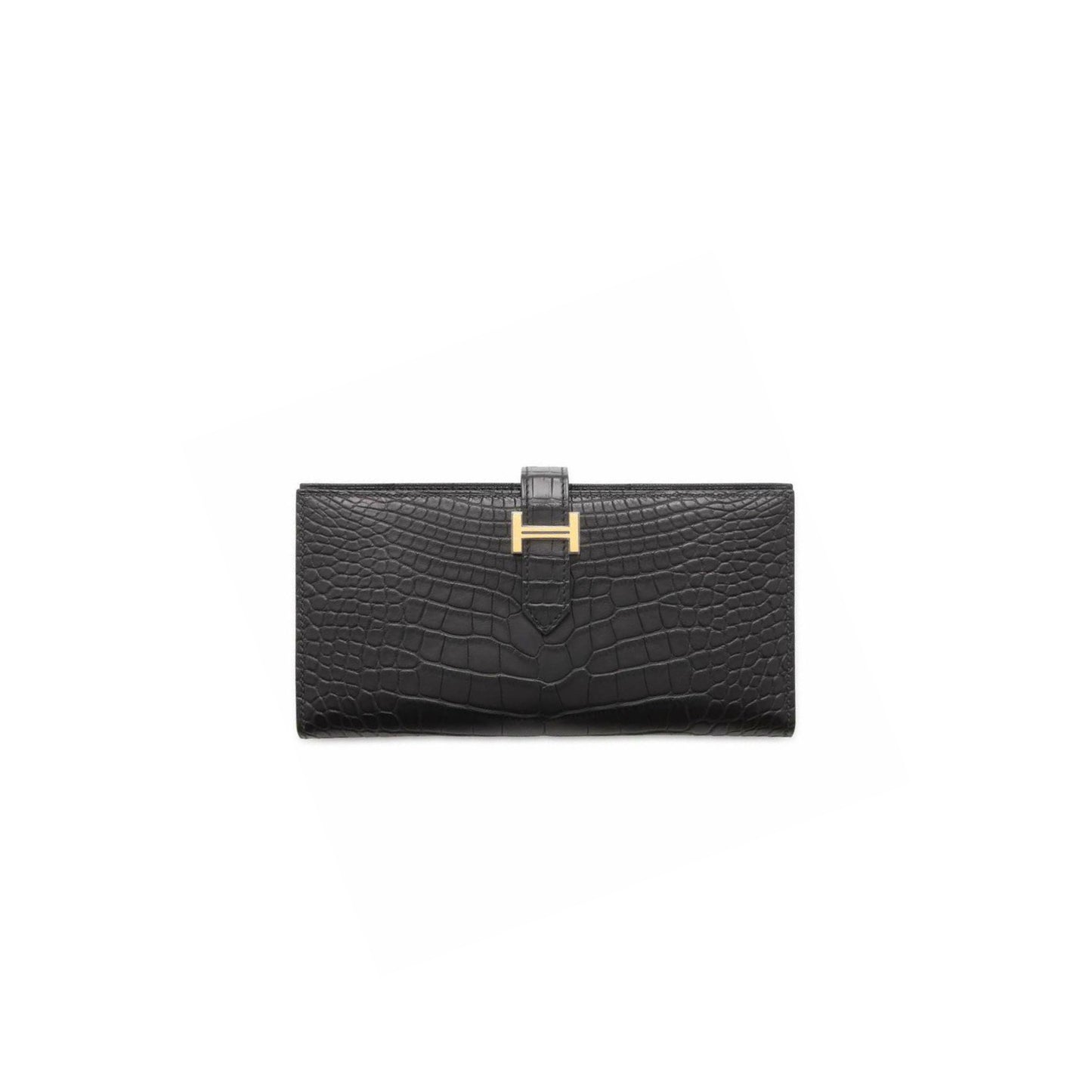 H**mes BEARN SOUFFLET LONG WALLET, BLACK GOLD HARDWARE, MATTE ALLIGATOR LEATHER (17.5*9cm)