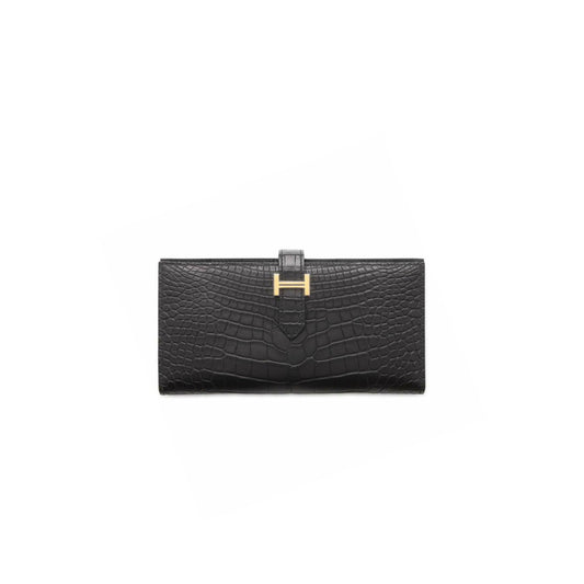 H**mes BEARN SOUFFLET LONG WALLET, BLACK GOLD HARDWARE, MATTE ALLIGATOR LEATHER (17.5*9cm)
