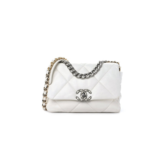 Ch*el lambskin quilted medium Ch*el 19 flap white as1160 (26*16*9cm)