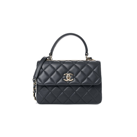 Ch*el lambskin quilted small trendy cc dual handle flap bag dark grey rose gold hardware (25*17*9cm)