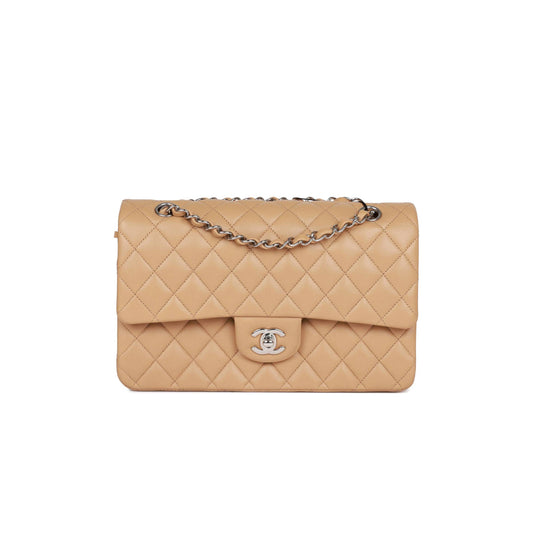 Ch*el medium classic double flap bag beige lambskin silver hardware (25*15*7cm)