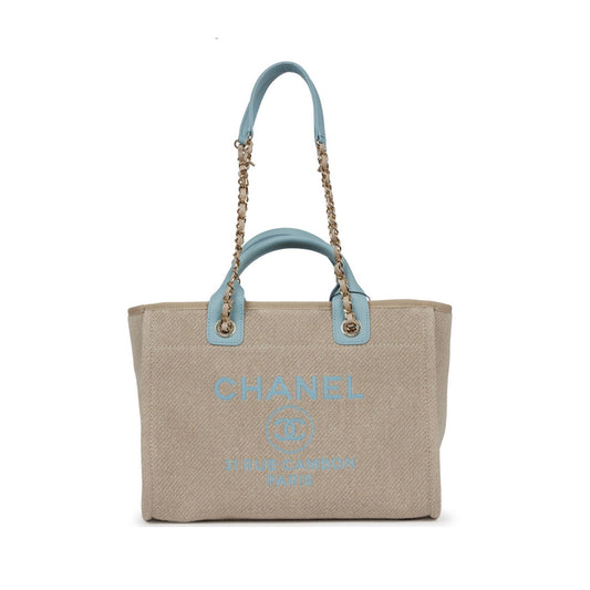 Ch*el small deauville shopping bag blue and beige boucle light gold hardware (34*27*15cm)