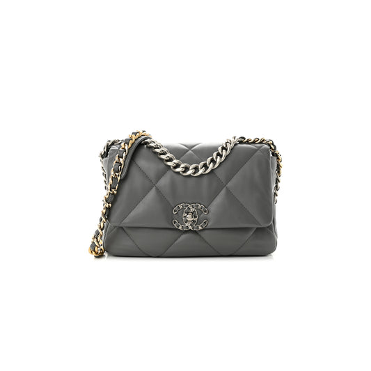 Ch*el lambskin quilted medium Ch*el 19 flap grey as1160 (26*16*9cm)