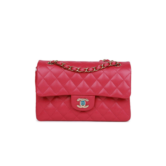 Ch*el small classic double flap fuchsia caviar light gold hardware (23*13*6cm)