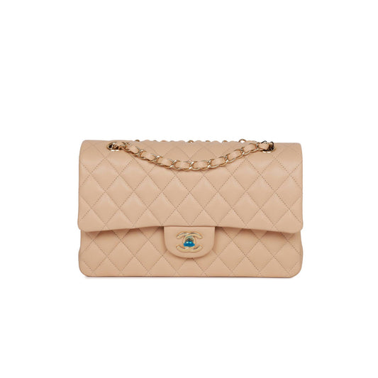 Ch*el medium classic double flap bag beige lambskin light gold hardware (25*15*7cm)