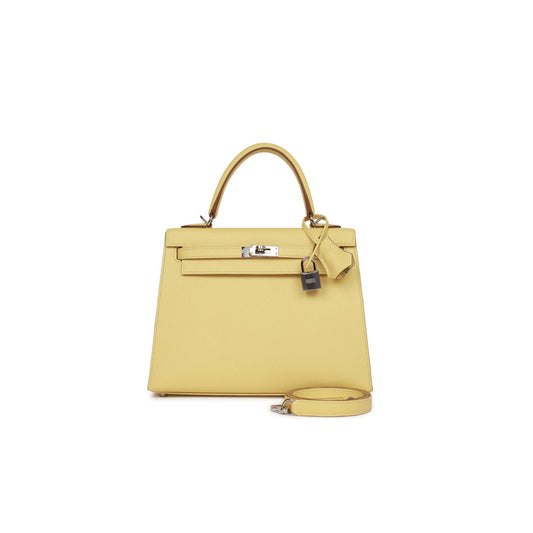 H**mes kelly sellier 25 jaune poussin epsom palladium hardware (25*17*7cm)