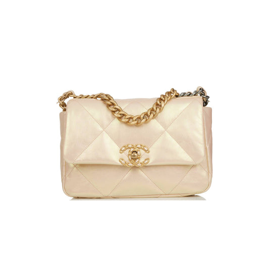 Ch*el medium 19 flap bag rose iridescent calfskin mixed hardware (25*16*9cm)