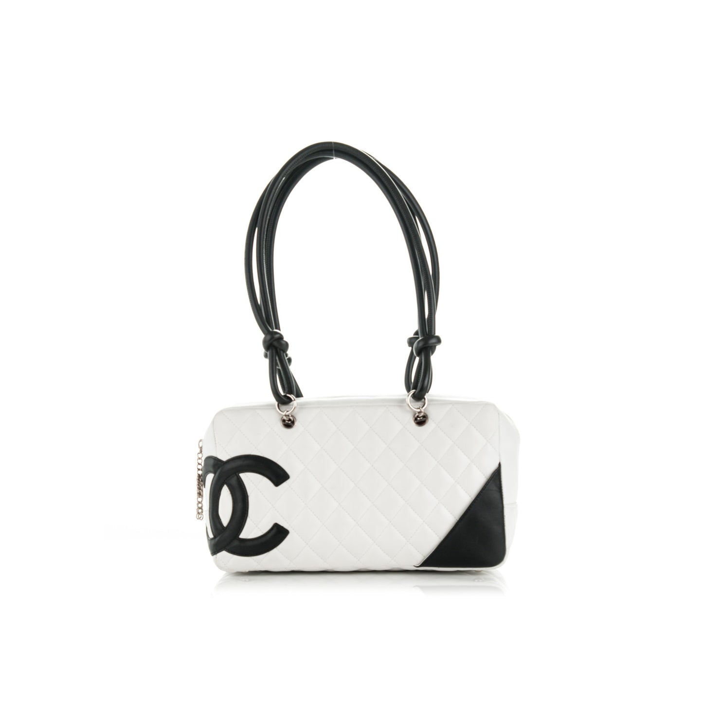 Ch*el calfskin quilted large cambon bowler white black 177008 (27*15*10cm)