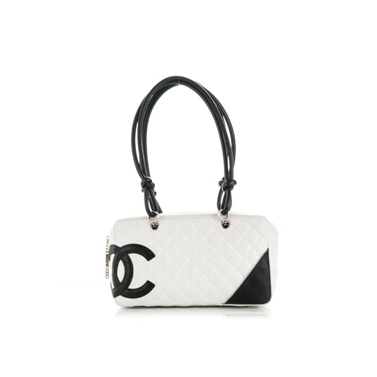 Ch*el calfskin quilted large cambon bowler white black 177008 (27*15*10cm)