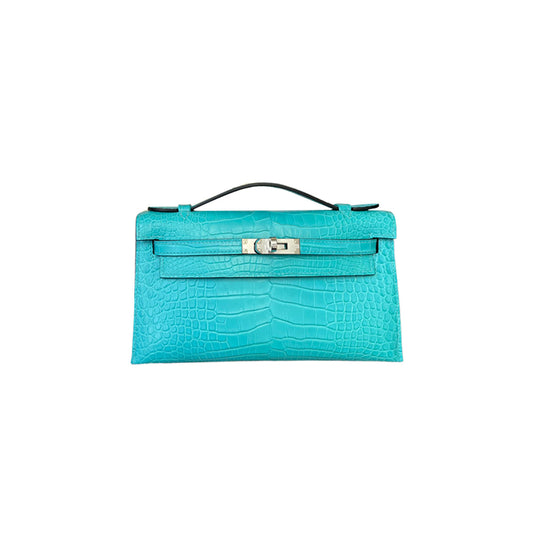 H**mes master kelly clutch matte crocodile macaron blue silver buckle (22*14*7cm)