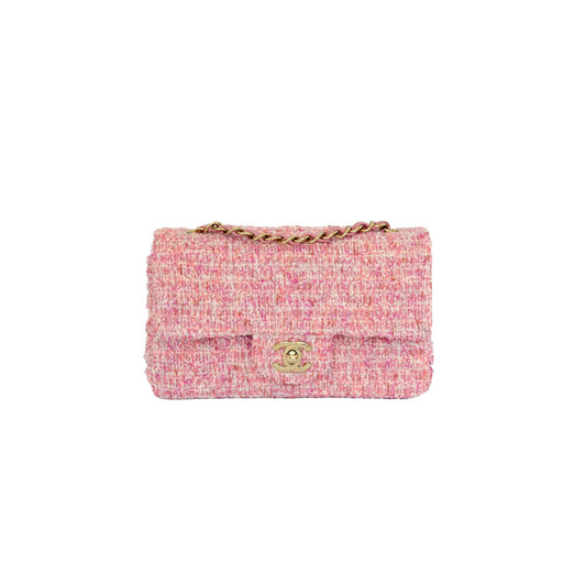 Ch*el tweed quilted flap pink gold hardware (25.5*15.5*6.5cm)