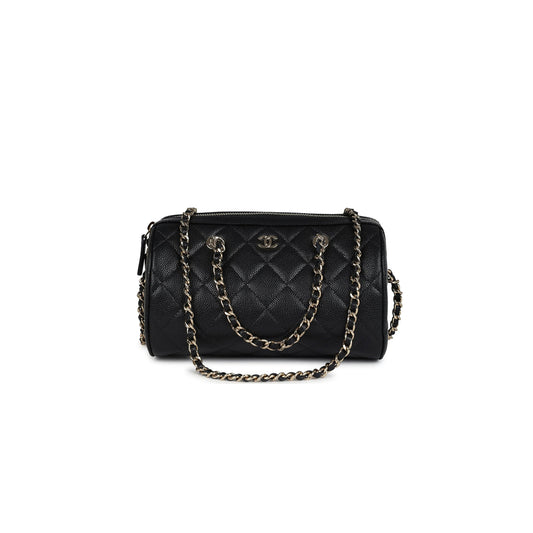 Ch*el mini timeless classic barrel bag with chain black shiny caviar light gold hardware as0932 (18*13*10cm)