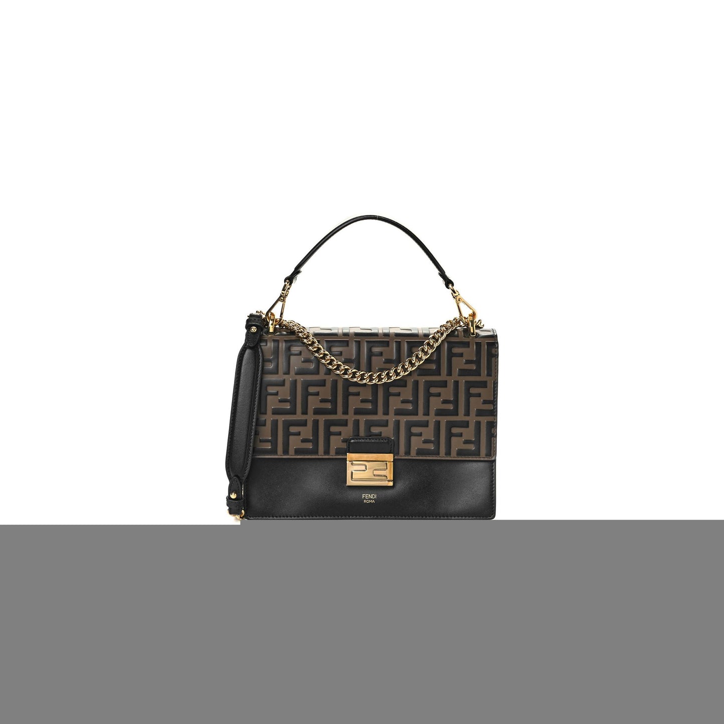 F**di vitello liberty bi-color ff 1974 embossed chain strap kan u shoulder bag black maya (25*20*8cm)