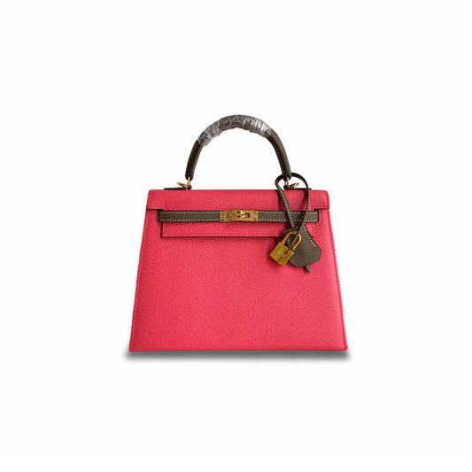 H**mes kelly 25 epsom leather lipstick pink elephant gray wax thread gold buckle (25*17*7cm)