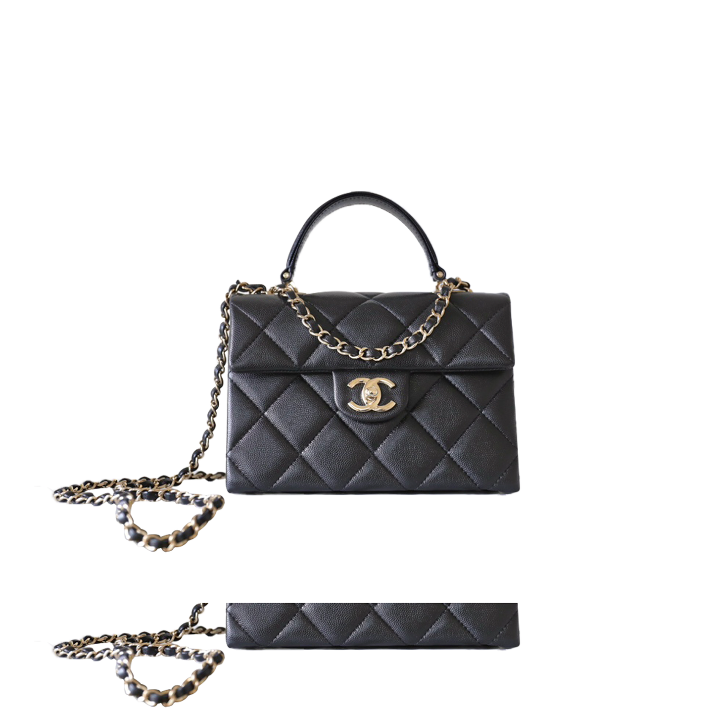 Ch*el master black quilted caviar leather kelly top handle flap bag (21*16*9.5cm)