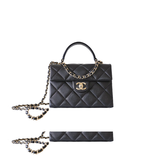 Ch*el master black quilted caviar leather kelly top handle flap bag (21*16*9.5cm)
