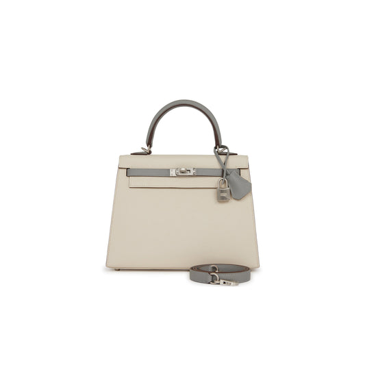 H**mes special order (hss) kelly sellier 25 craie and gris mouette epsom brushed palladium hardware handmade (25*17*7cm)