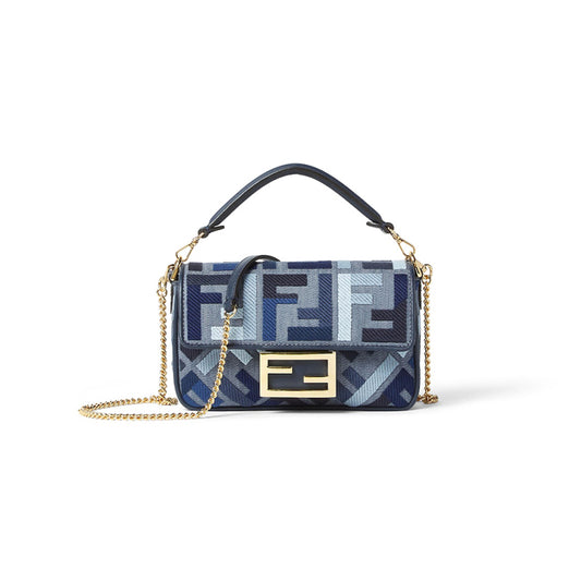 F**di baguette mini blue canvas bag with ff embroidery 8bs017av11f1laz (19.5*11*5cm)