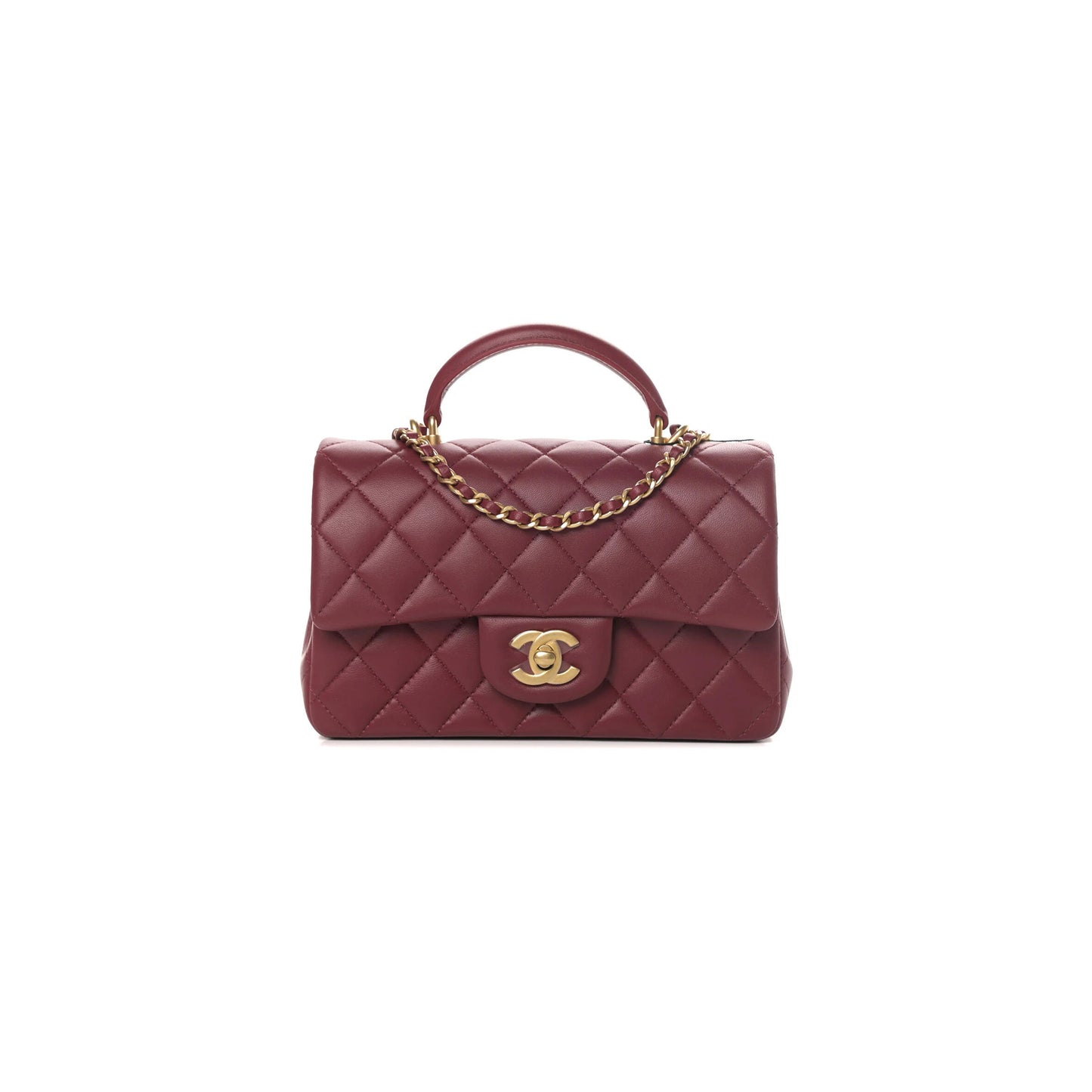 Ch**el lambskin quilted mini top handle rectangular flap burgundy (20*12*6cm)
