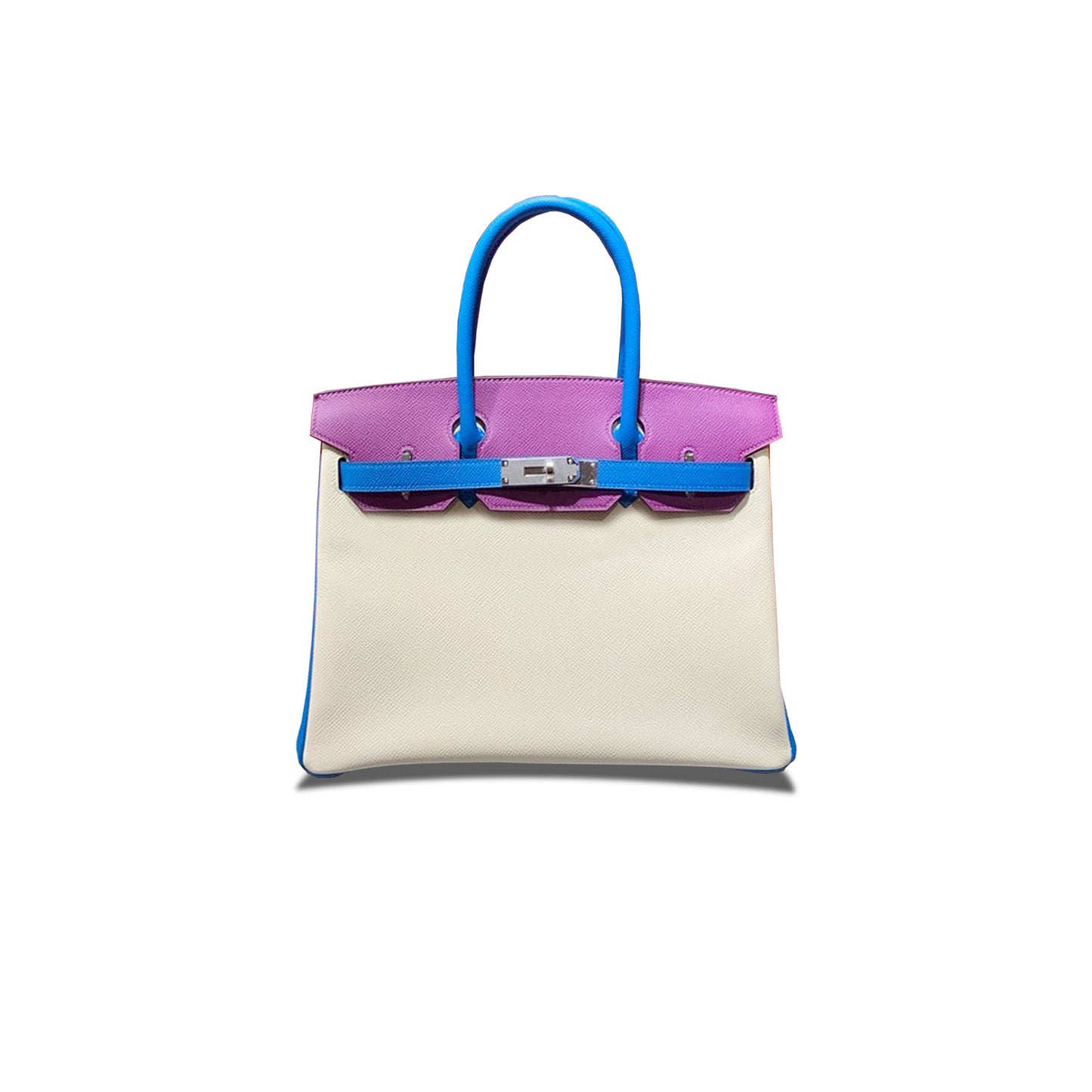 H**mes master birkin 30 epsom milkshake white with water fairy blue and anemone purple silver buckle h028362cc07 (30*23*15cm)