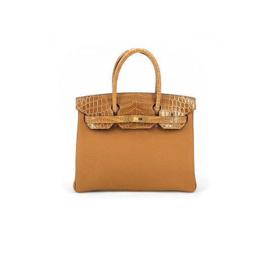 h**mes master birkin 25 crocodile and togo leather G01den brown gold buckle h076216ck42 (25*20*13cm)