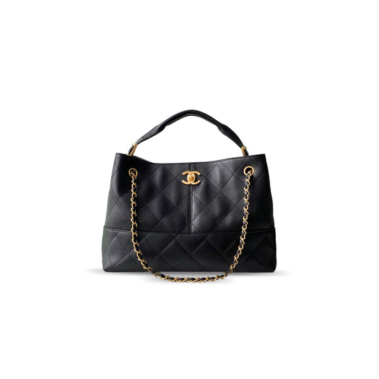 Ch*el master shopping bag calfskin & gold-tone metal black as5634 (36*24*12cm)