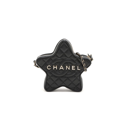 Ch*el lambskin chain shoulder bag star black gold metal fitti a3501 (22.5*6cm)