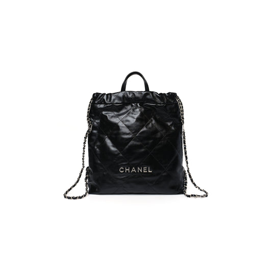 Ch*el master shiny calfskin quilted Ch*el 22 backpack black (34*29*10.5cm)