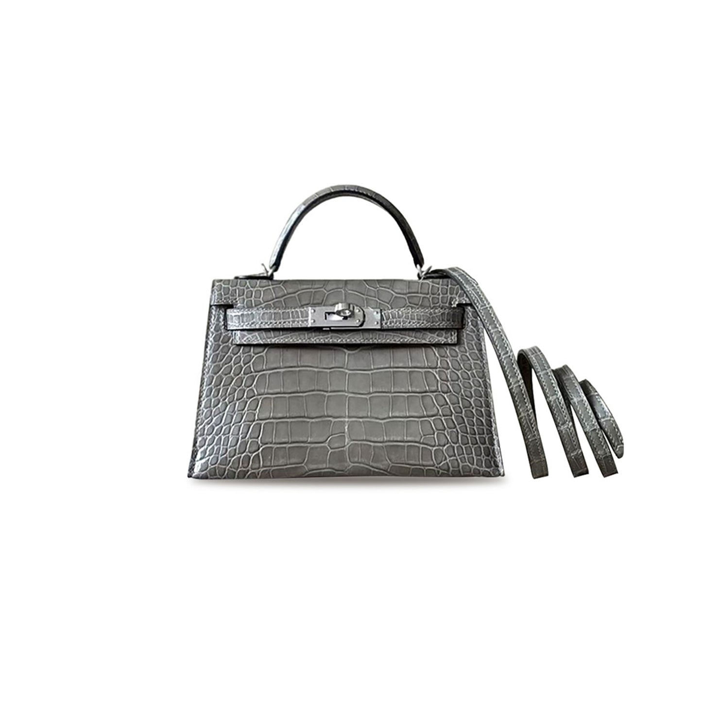 H**mes master mini kelly ii crystal gray crocodile leather silver buckle (19*12*5.5cm)