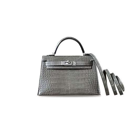 H**mes master mini kelly ii crystal gray crocodile leather silver buckle (19*12*5.5cm)