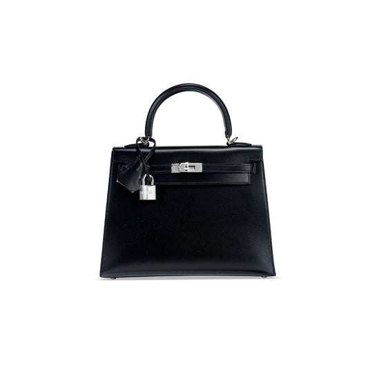 H**mes a black tadelakt kelly 25 box with palladium hardware (25*17*7cm)