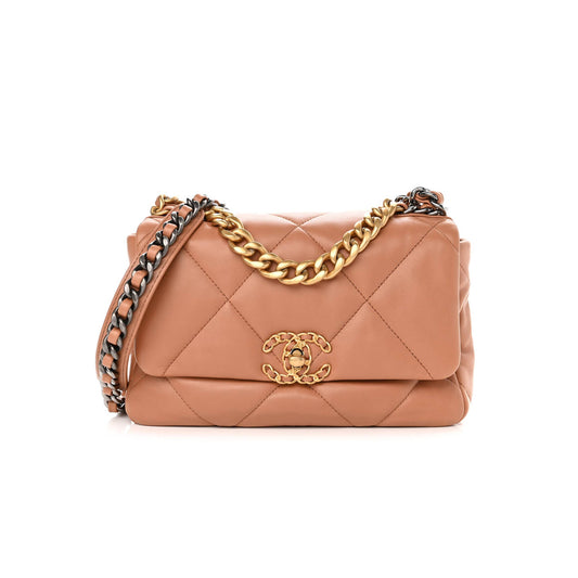 Ch*el lambskin quilted medium Ch*el 19 flap light brown gold hardware (25*17*8cm)