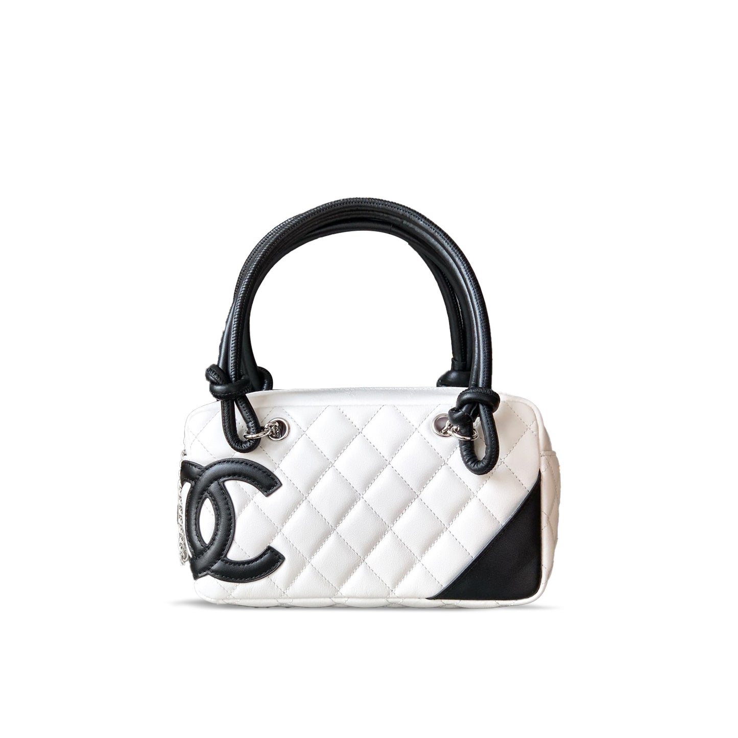 Ch*el calfskin quilted small cambon bowler white black a29792 (21*12*9cm)